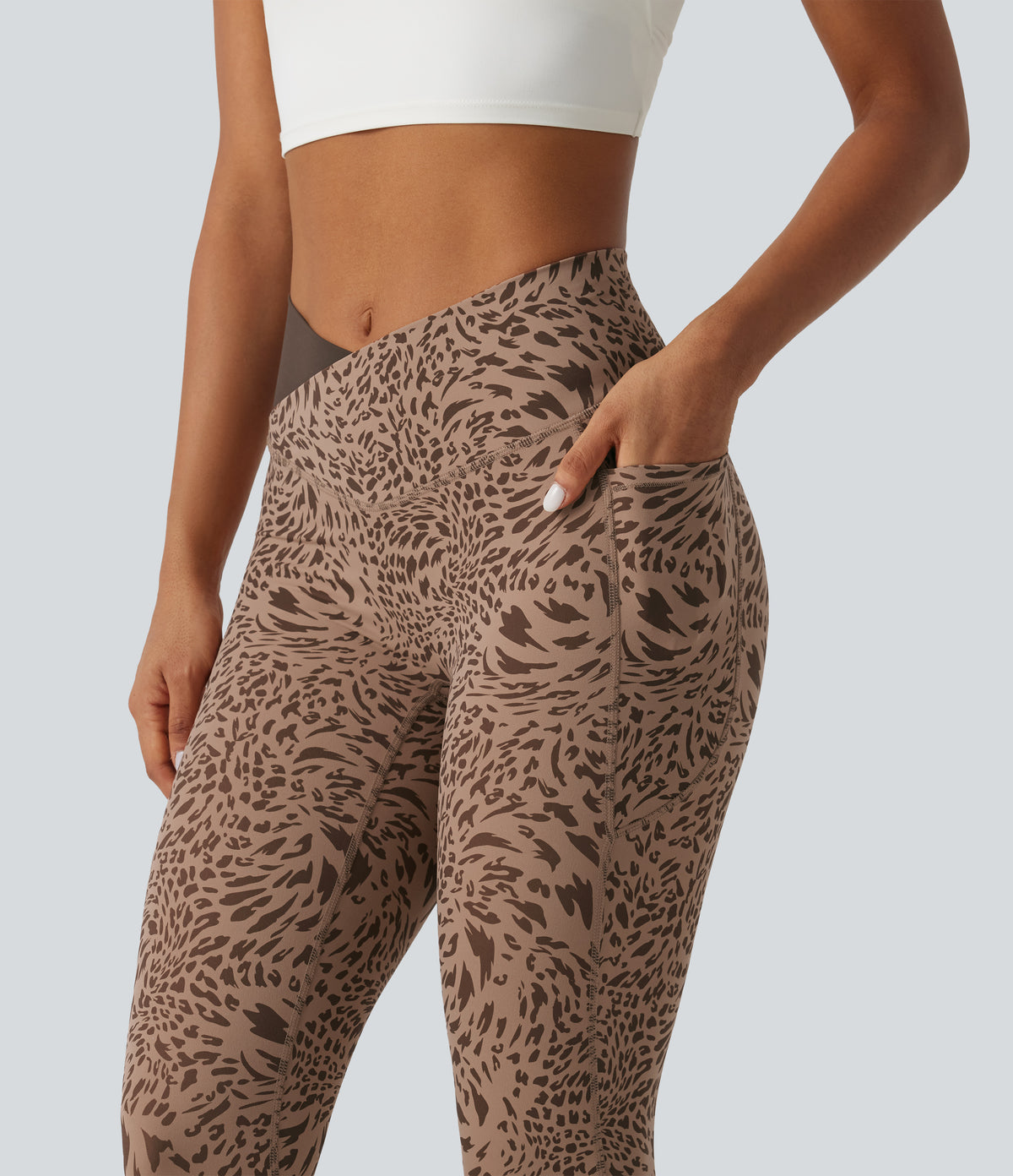 Leopard Print High Waisted Crossover Skinny Yoga Leggings with Pockets — Flow Leopard — view 4