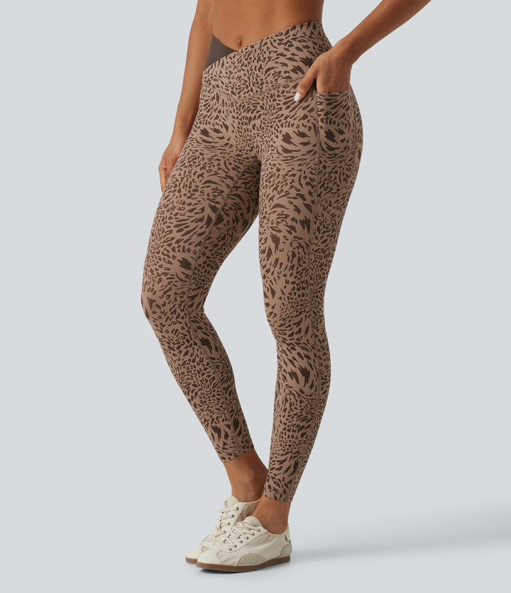 Leopard Print High Waisted Crossover Skinny Yoga Leggings with Pockets — Flow Leopard — view 1