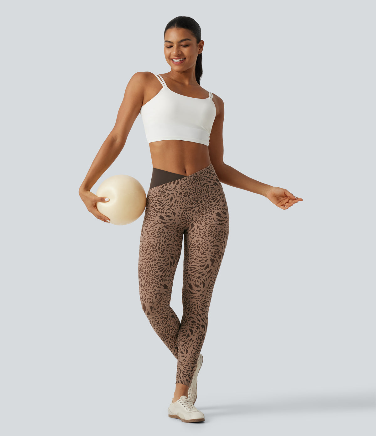 Leopard Print High Waisted Crossover Skinny Yoga Leggings with Pockets — Flow Leopard — view 8