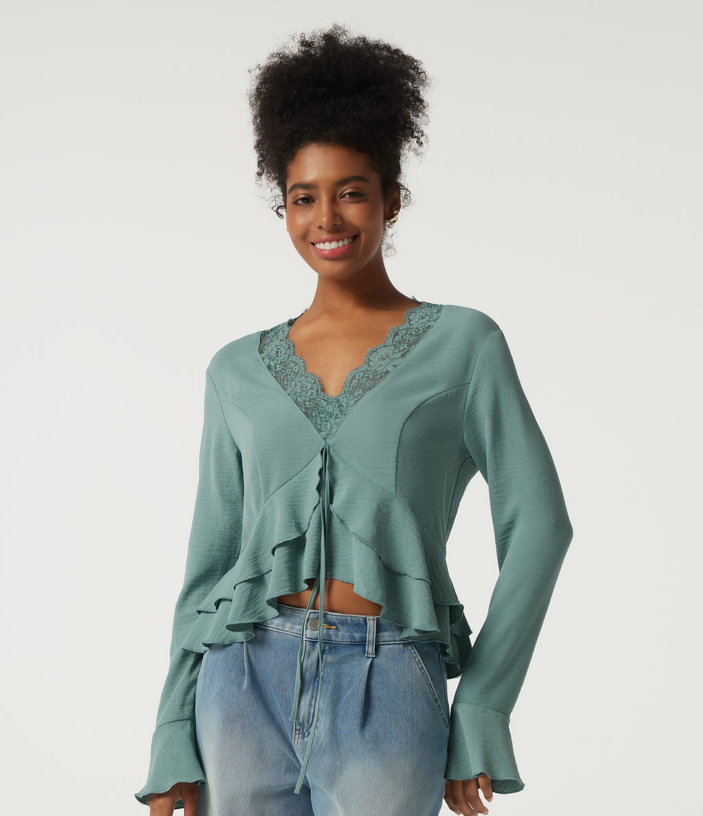 V Neck Contrast Lace Long Sleeve Ruffle Resort Top — Mineral Blue — view 1