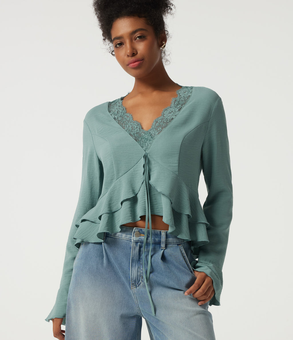 V Neck Contrast Lace Long Sleeve Ruffle Resort Top — Mineral Blue — view 4