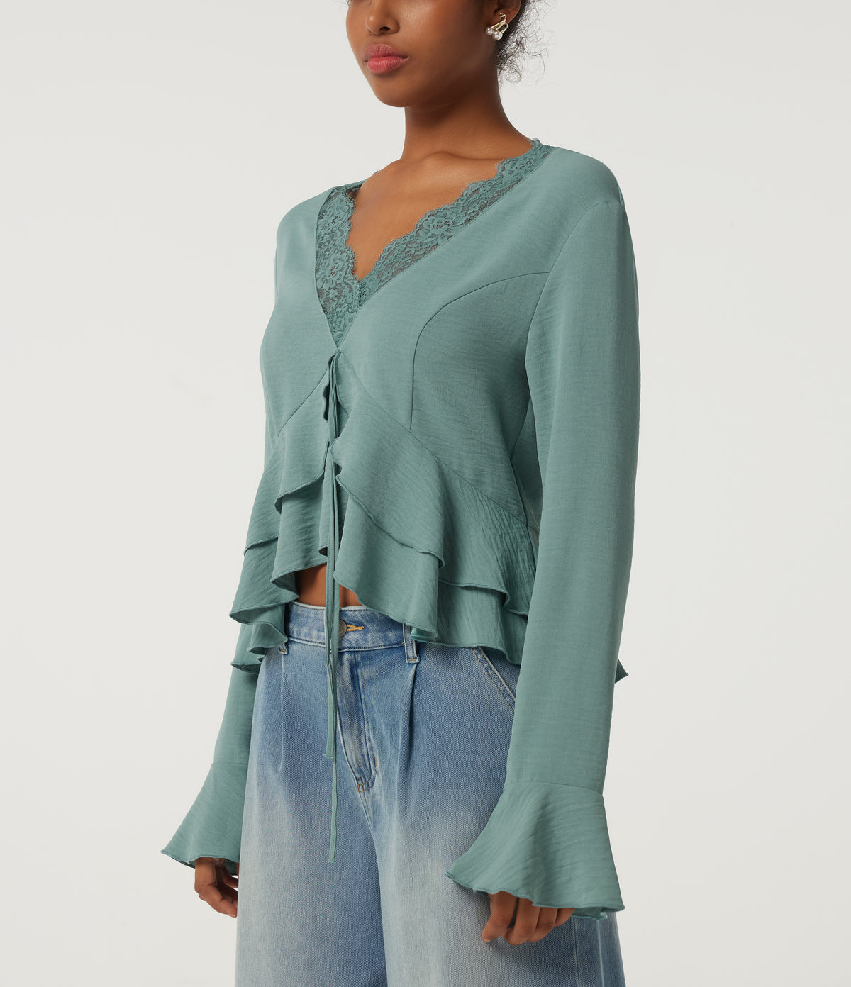 V Neck Contrast Lace Long Sleeve Ruffle Resort Top — Mineral Blue — view 6