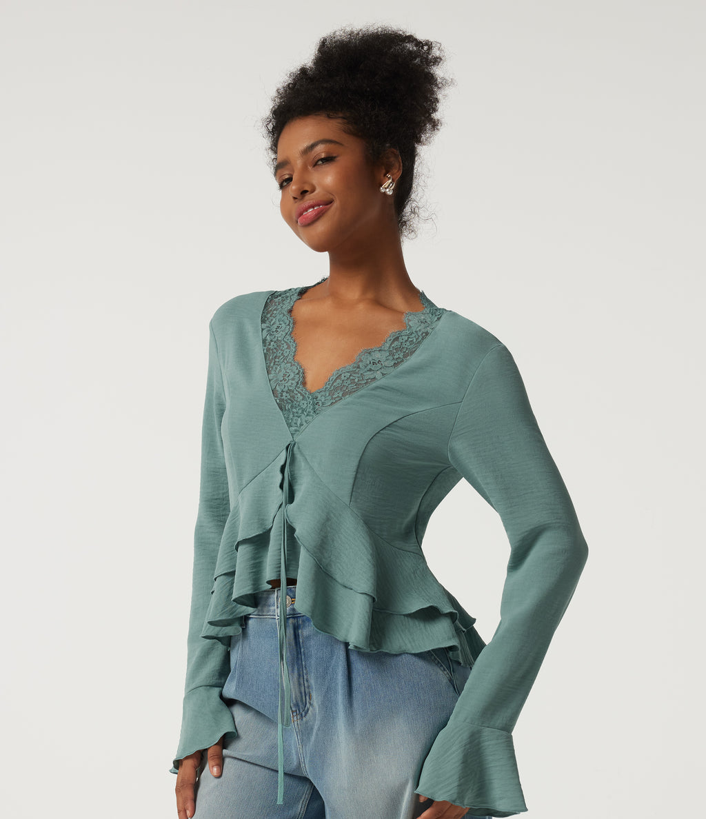 V Neck Contrast Lace Long Sleeve Ruffle Resort Top — Mineral Blue — view 3