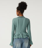 V Neck Contrast Lace Long Sleeve Ruffle Resort Top — Mineral Blue — view 2