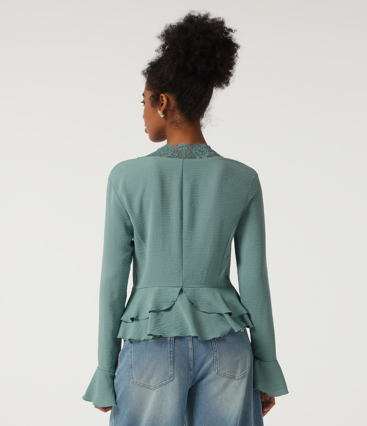 V Neck Contrast Lace Long Sleeve Ruffle Resort Top — Mineral Blue — view 2