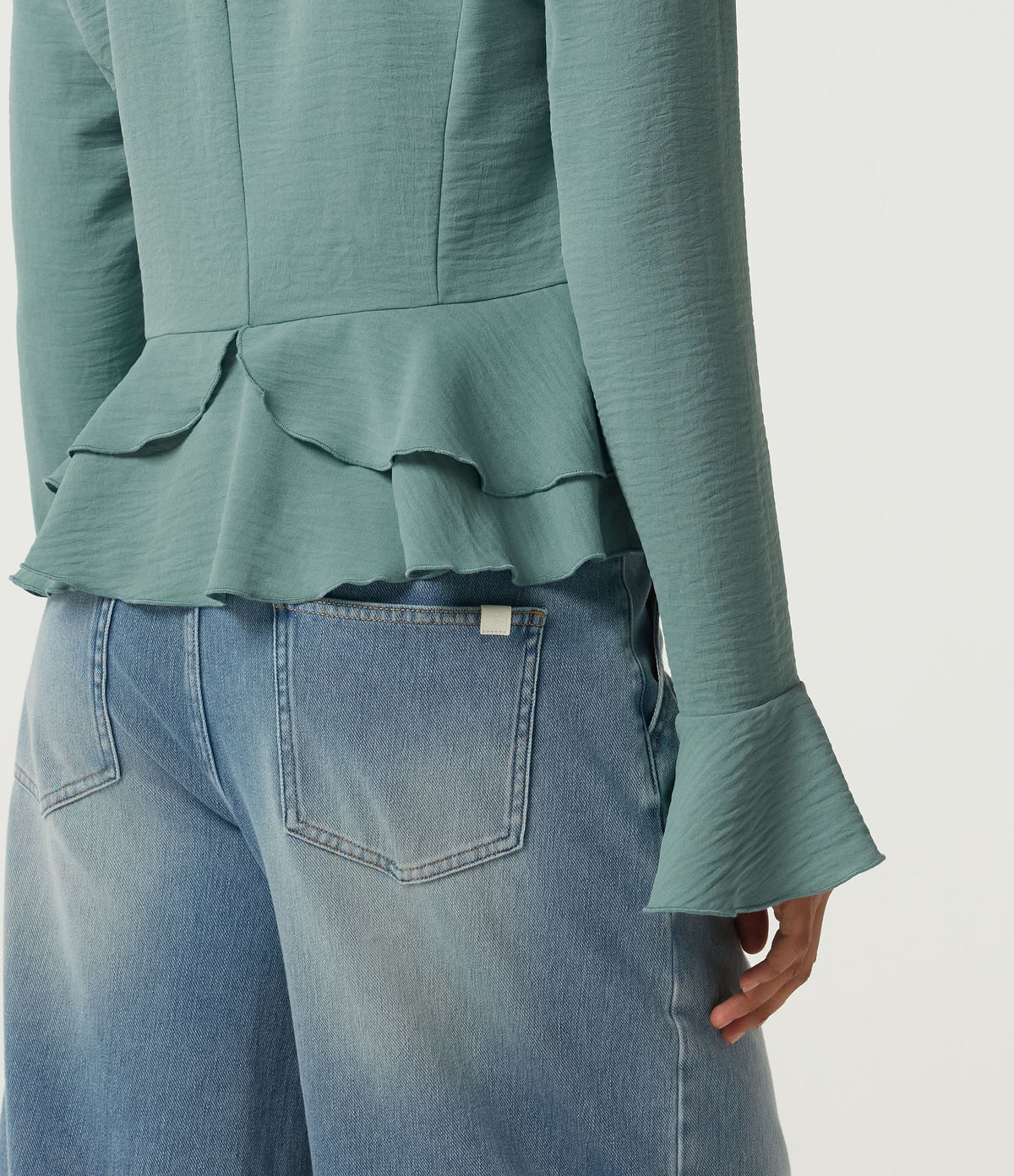 V Neck Contrast Lace Long Sleeve Ruffle Resort Top — Mineral Blue — view 7