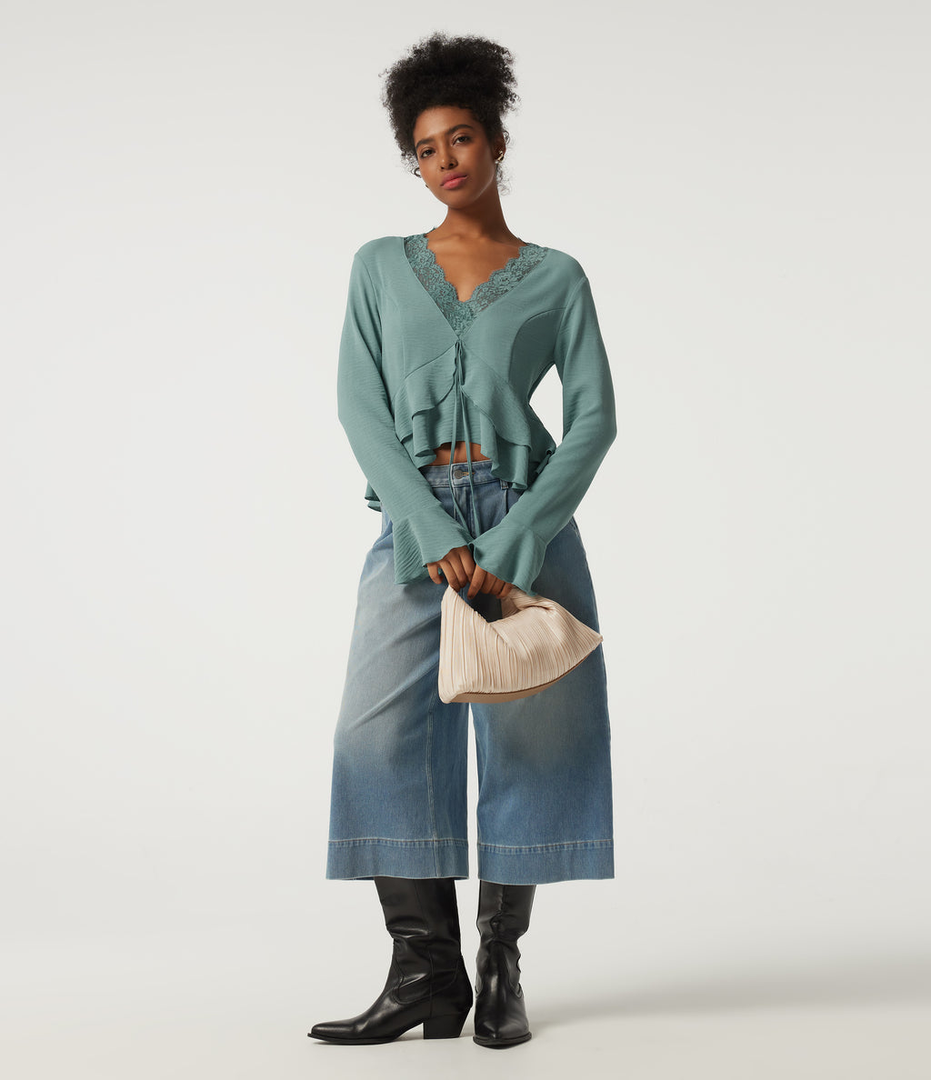 V Neck Contrast Lace Long Sleeve Ruffle Resort Top — Mineral Blue — view 8