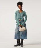 V Neck Contrast Lace Long Sleeve Ruffle Resort Top — Mineral Blue — view 8