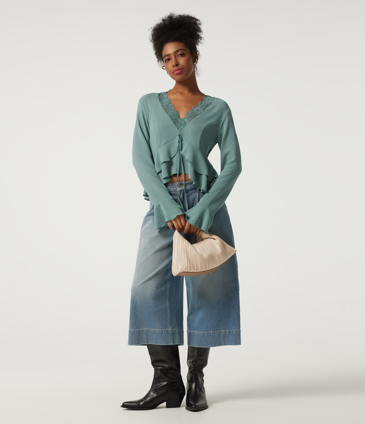 V Neck Contrast Lace Long Sleeve Ruffle Resort Top — Mineral Blue — view 8