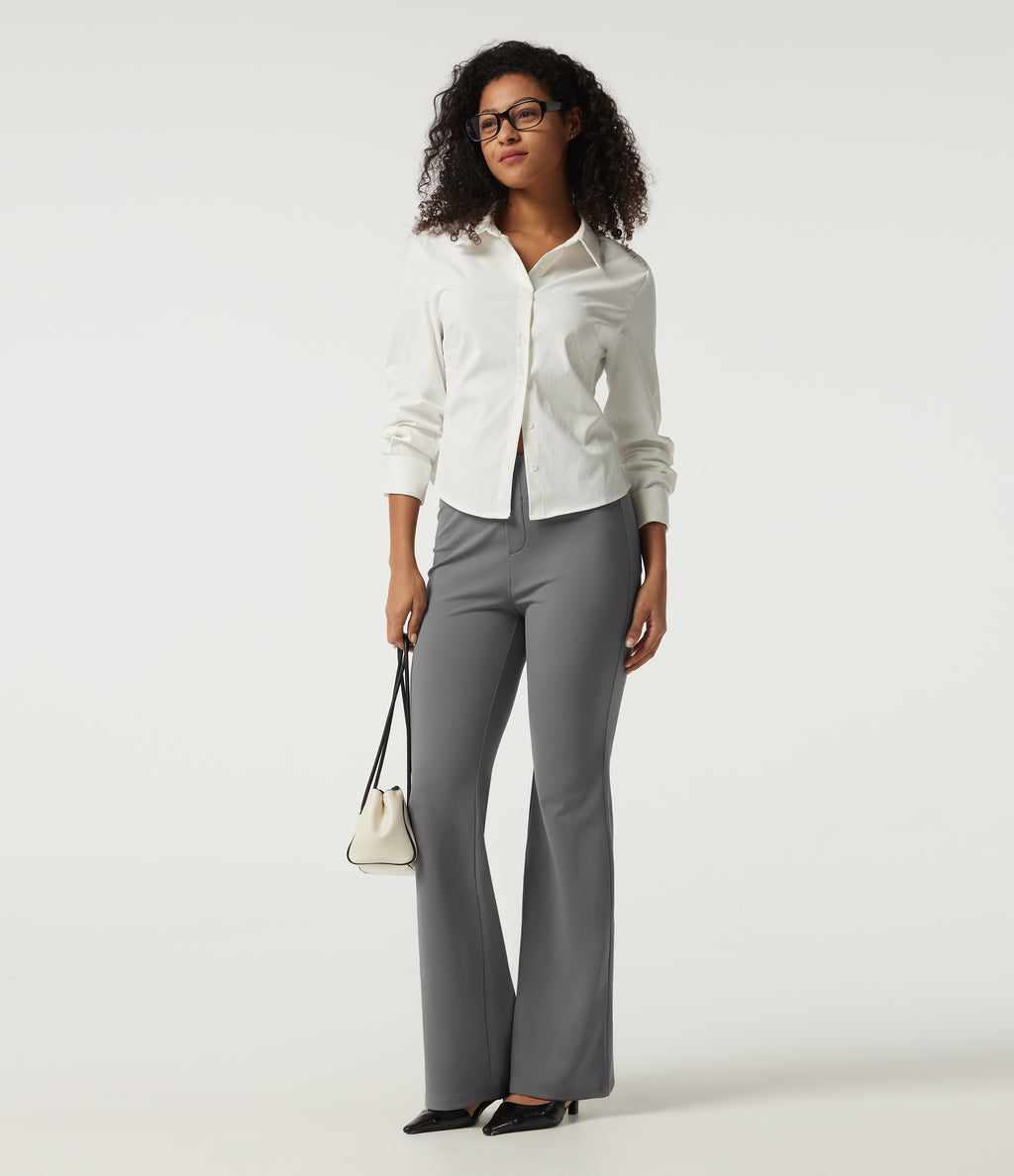 High Waisted Flare Fleece Work Trousers with Pockets — Silent Storm — view 8