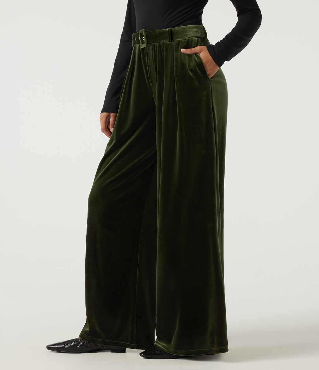 High Waisted Belted Wide Leg Velvet Casual Trousers with Pockets — Rifle Green — view 3