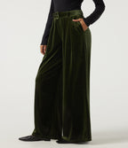High Waisted Belted Wide Leg Velvet Casual Trousers with Pockets — Rifle Green — view 3