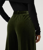 High Waisted Belted Wide Leg Velvet Casual Trousers with Pockets — Rifle Green — view 5