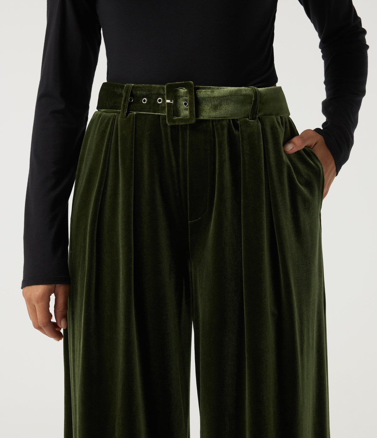 High Waisted Belted Wide Leg Velvet Casual Trousers with Pockets — Rifle Green — view 4