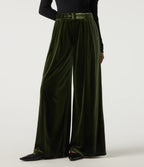 High Waisted Belted Wide Leg Velvet Casual Trousers with Pockets — Rifle Green — view 1