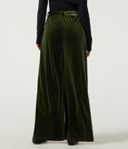 High Waisted Belted Wide Leg Velvet Casual Trousers with Pockets — Rifle Green — view 2