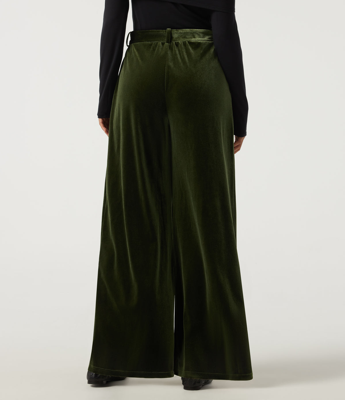 High Waisted Belted Wide Leg Velvet Casual Trousers with Pockets — Rifle Green — view 2