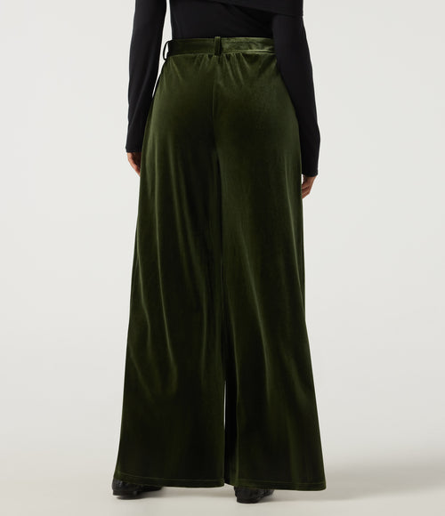 High Waisted Belted Wide Leg Velvet Casual Trousers with Pockets — Rifle Green — view 2