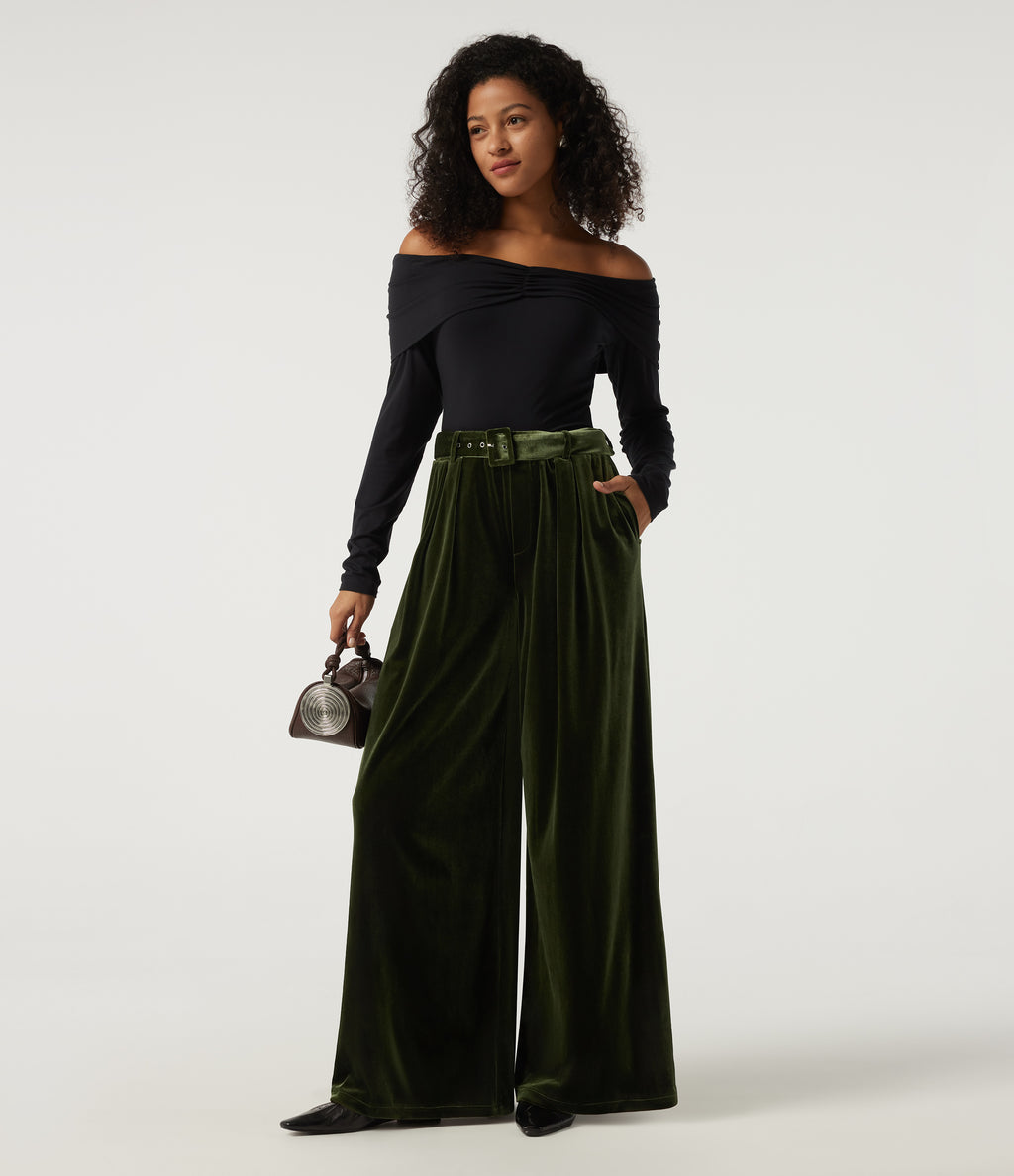 High Waisted Belted Wide Leg Velvet Casual Trousers with Pockets — Rifle Green — view 7