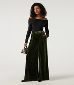 High Waisted Belted Wide Leg Velvet Casual Trousers with Pockets — Rifle Green — view 7