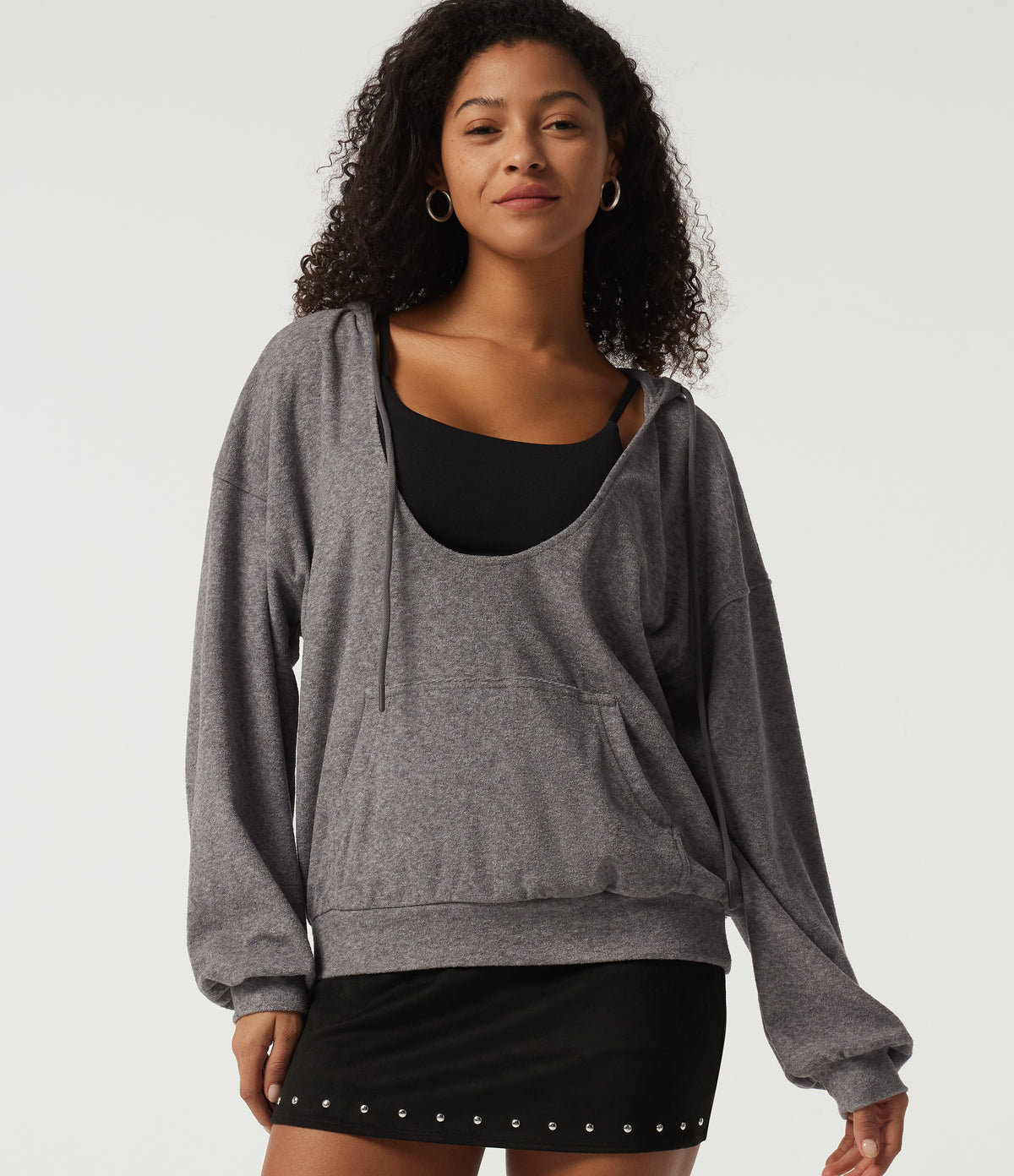 Hooded Long Sleeve Casual Pullover Sweatshirt with Pockets — Dark Mottled Grey — view 1