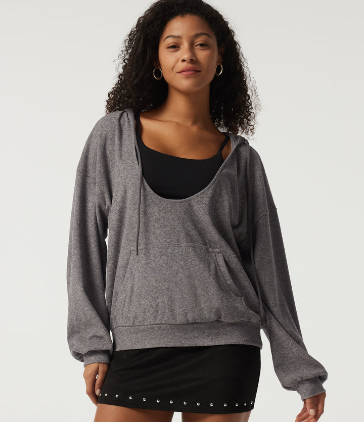 Hooded Long Sleeve Casual Pullover Sweatshirt with Pockets — Dark Mottled Grey — view 1