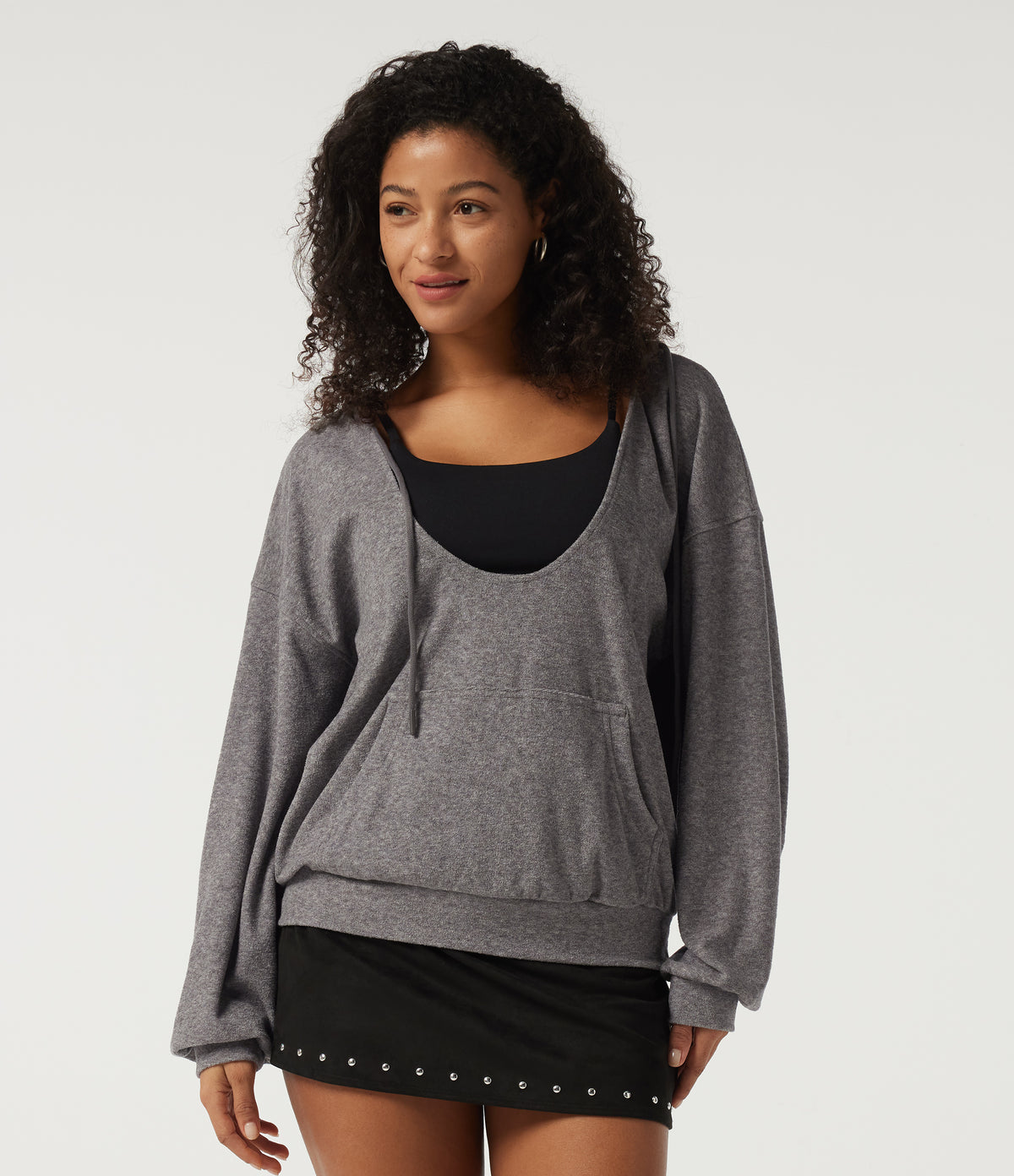 Hooded Long Sleeve Casual Pullover Sweatshirt with Pockets — Dark Mottled Grey — view 4