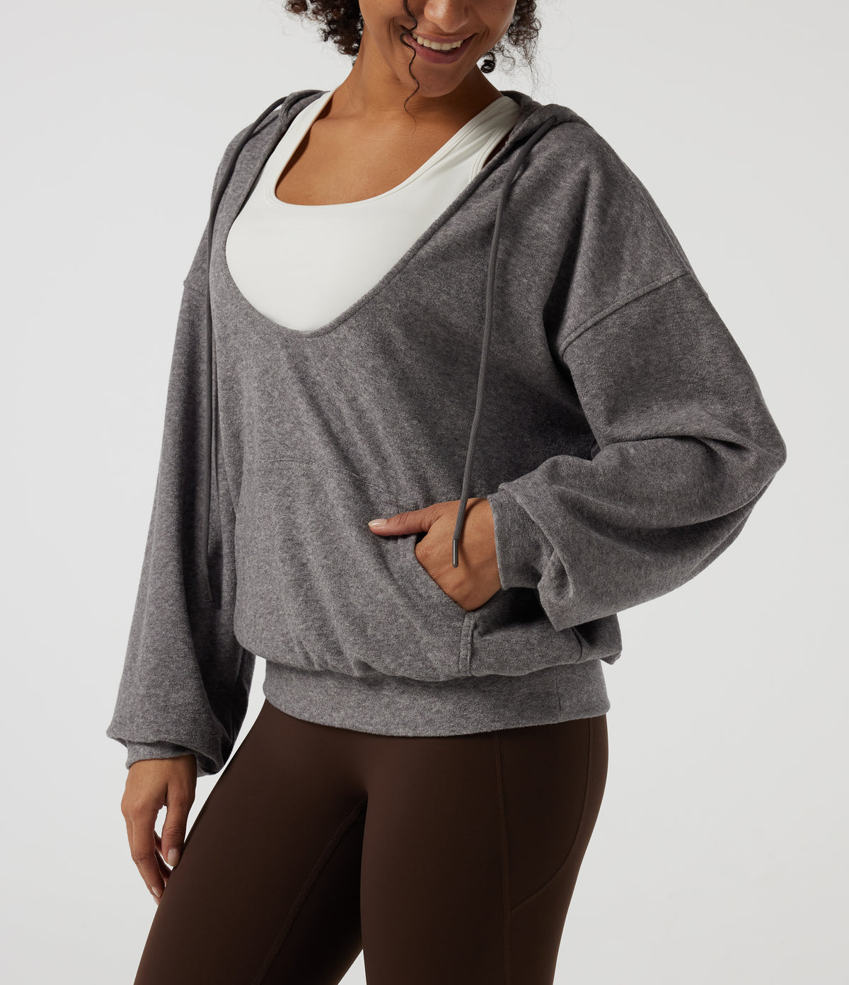 Hooded Long Sleeve Casual Pullover Sweatshirt with Pockets — Dark Mottled Grey — view 6