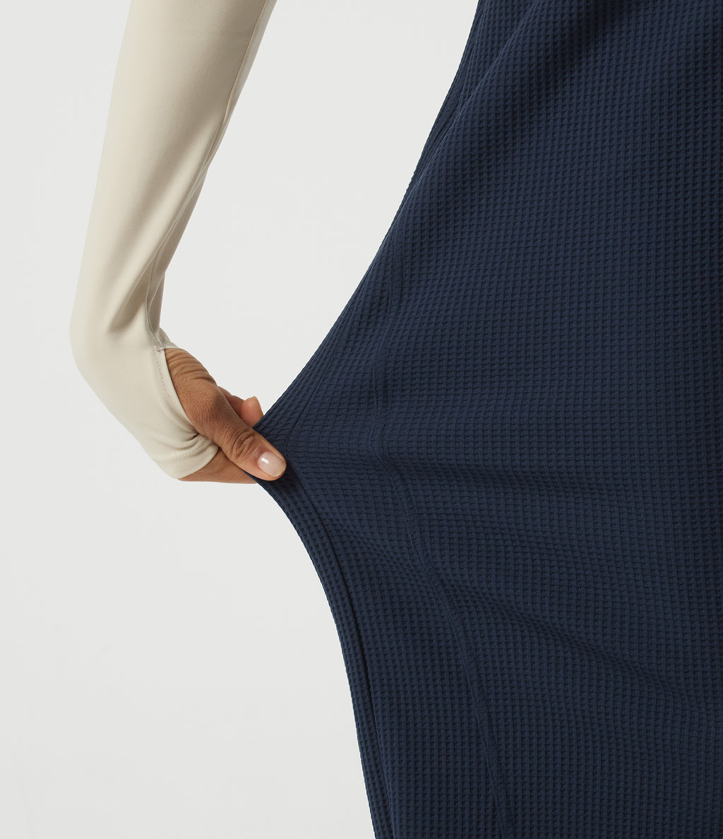 High Waisted Barrel Leg Waffle Casual Trousers with Pockets — Midnight Blue — view 7