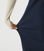 High Waisted Barrel Leg Waffle Casual Trousers with Pockets — Midnight Blue — view 7