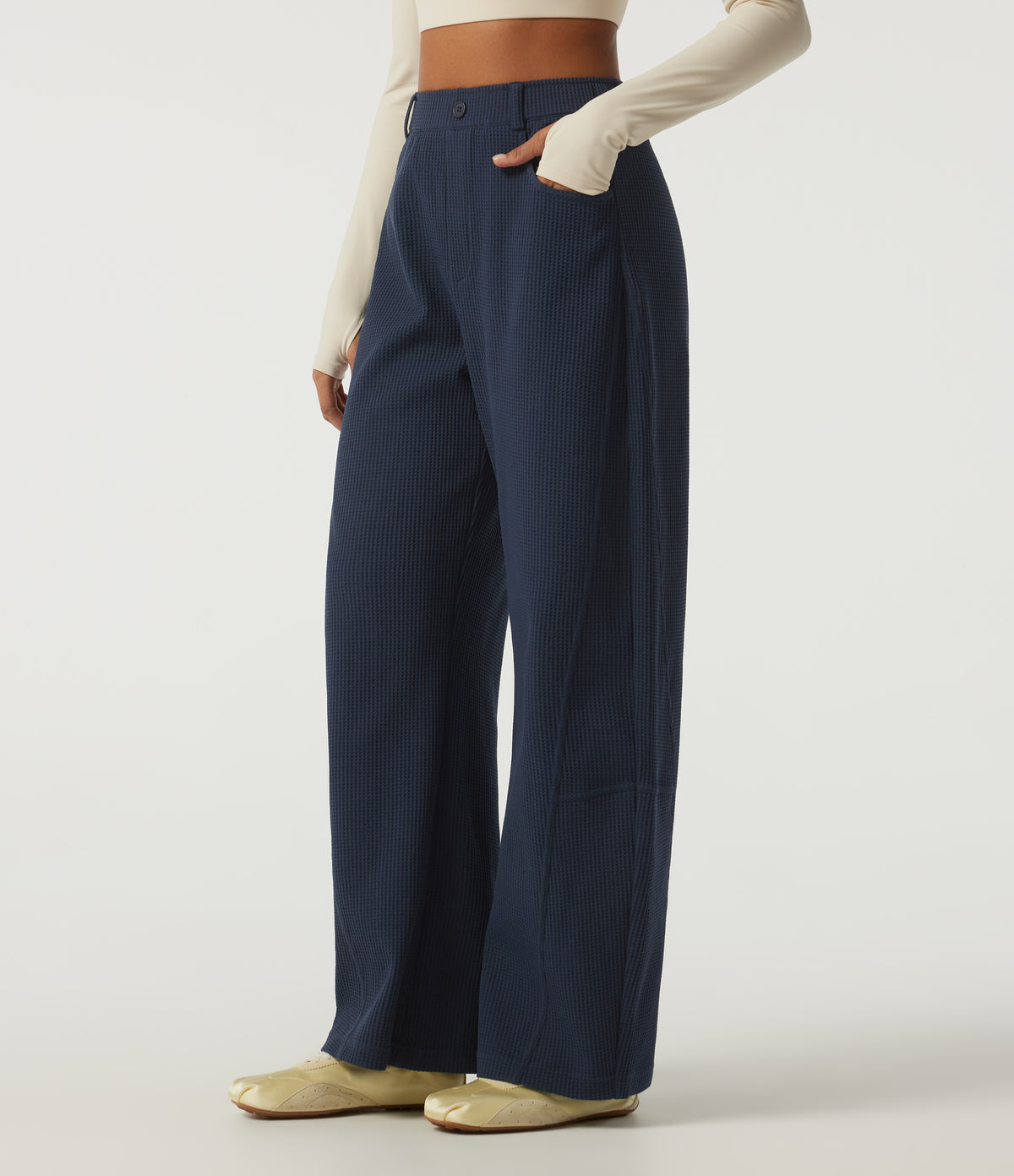 High Waisted Barrel Leg Waffle Casual Trousers with Pockets — Midnight Blue — view 3