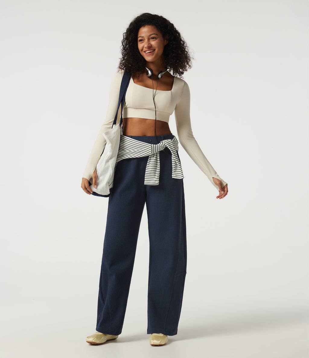 High Waisted Barrel Leg Waffle Casual Trousers with Pockets — Midnight Blue — view 8