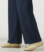 High Waisted Barrel Leg Waffle Casual Trousers with Pockets — Midnight Blue — view 6