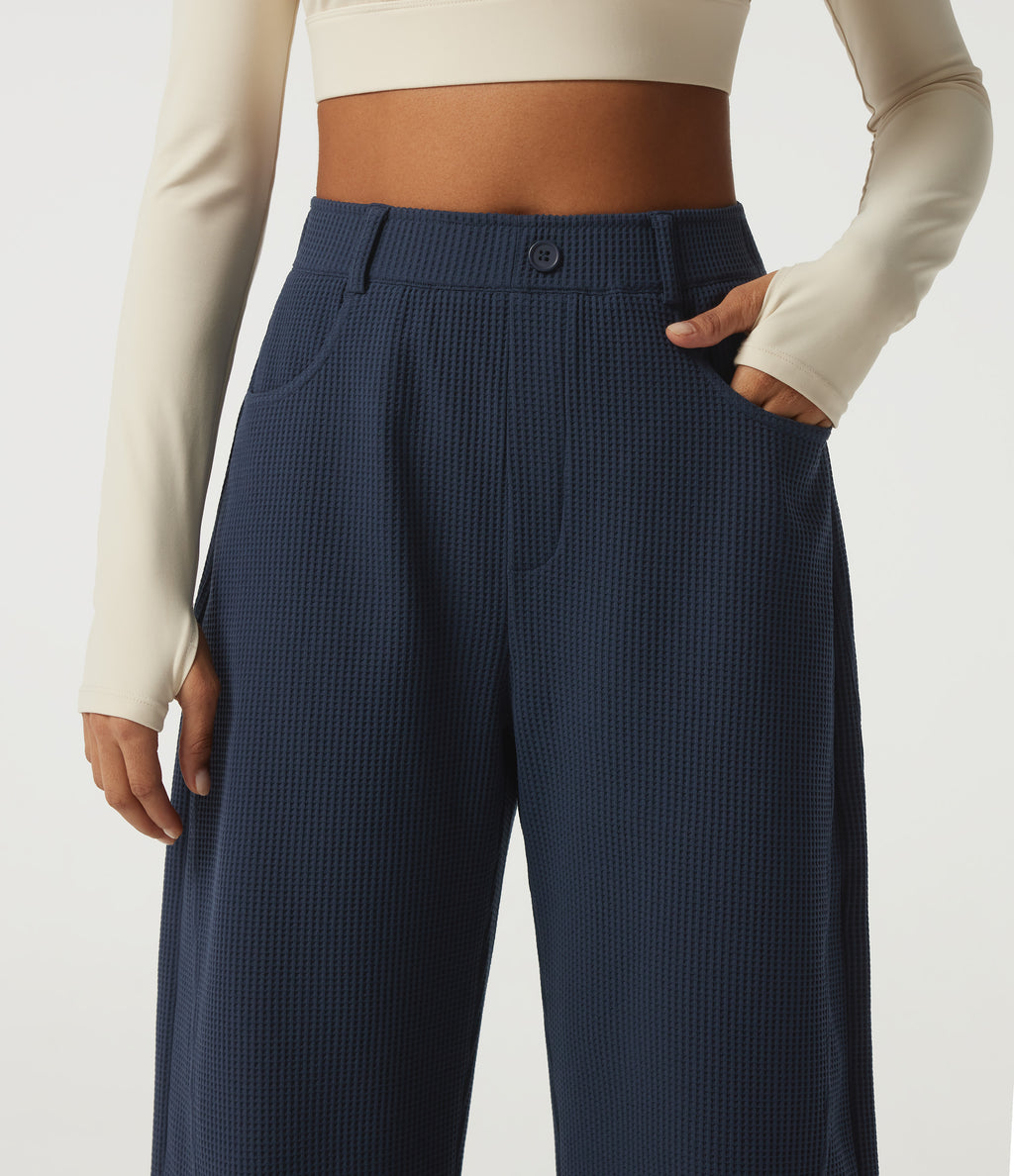 High Waisted Barrel Leg Waffle Casual Trousers with Pockets — Midnight Blue — view 4