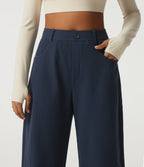 High Waisted Barrel Leg Waffle Casual Trousers with Pockets — Midnight Blue — view 4
