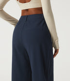 High Waisted Barrel Leg Waffle Casual Trousers with Pockets — Midnight Blue — view 5