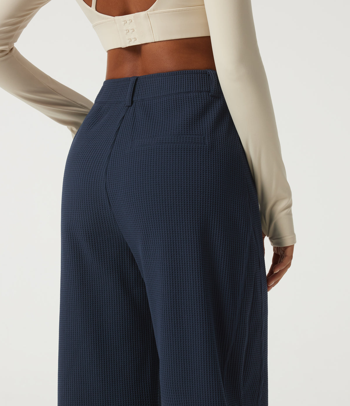 High Waisted Barrel Leg Waffle Casual Trousers with Pockets — Midnight Blue — view 5