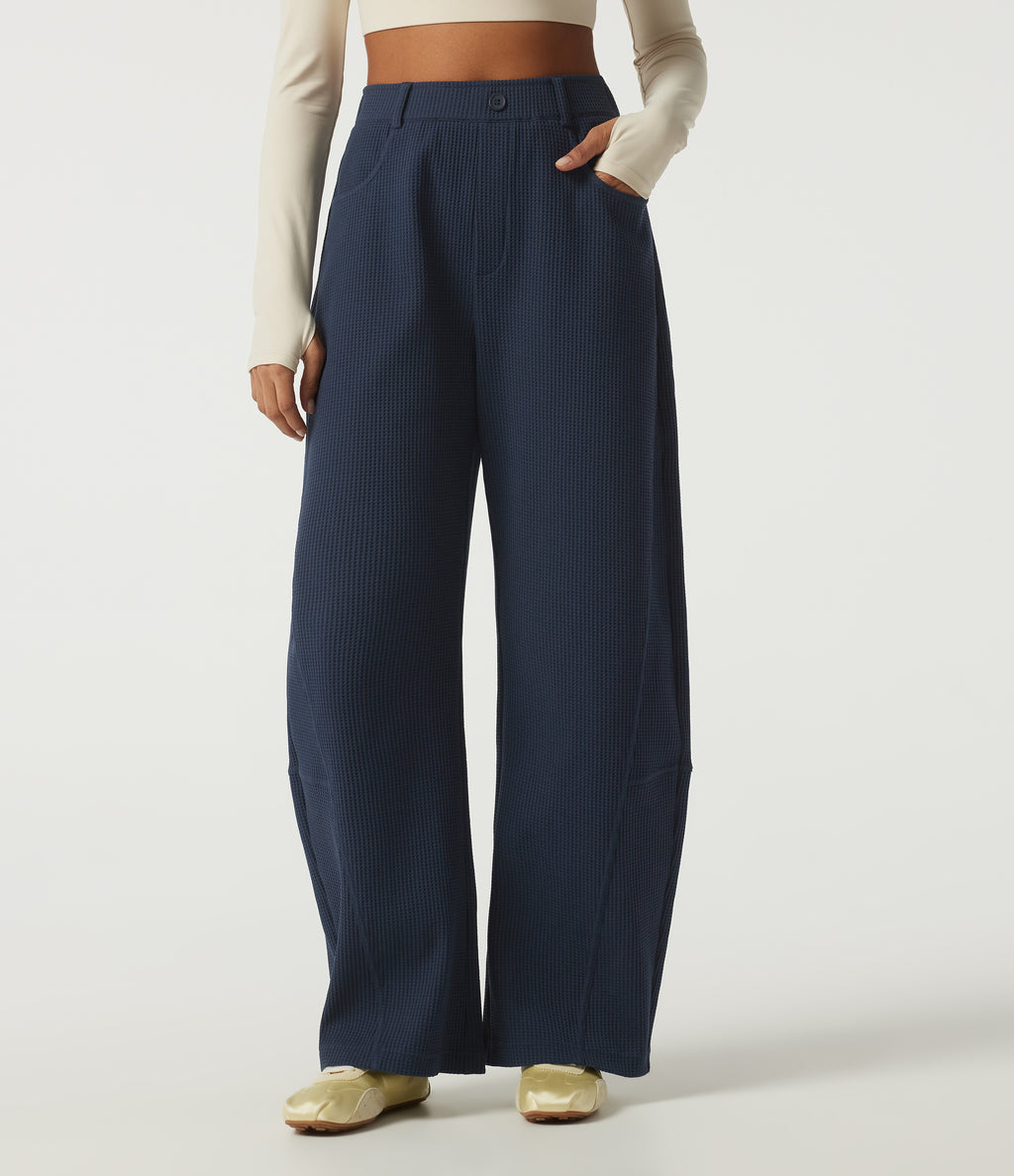 High Waisted Barrel Leg Waffle Casual Trousers with Pockets — Midnight Blue — view 1