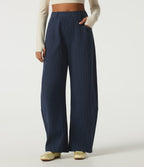 High Waisted Barrel Leg Waffle Casual Trousers with Pockets — Midnight Blue — view 1