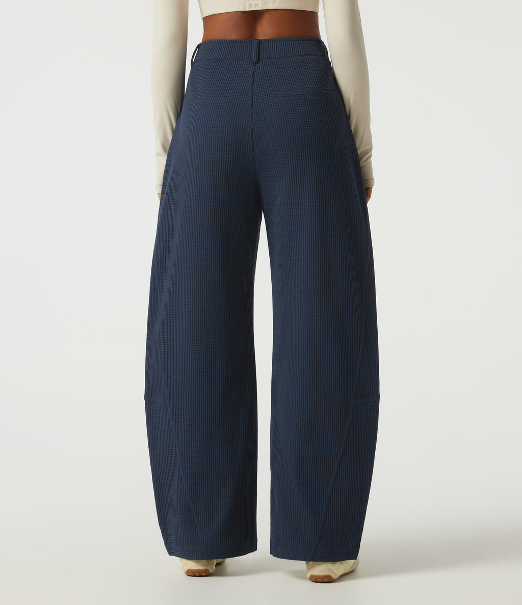 High Waisted Barrel Leg Waffle Casual Trousers with Pockets — Midnight Blue — view 2