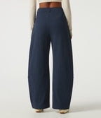 High Waisted Barrel Leg Waffle Casual Trousers with Pockets — Midnight Blue — view 2