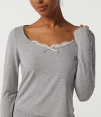 Scoop Neck Long Sleeve Contrast Lace Casual T-Shirt — Fog Gray — view 5