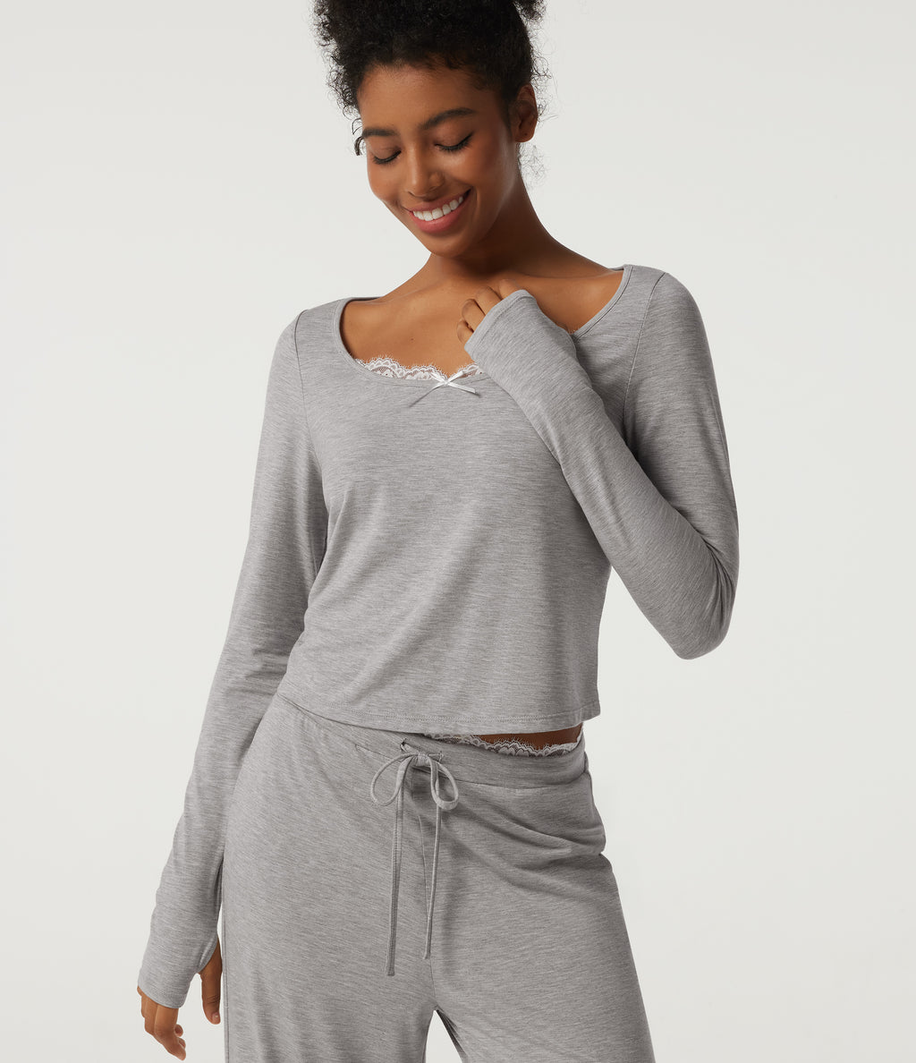 Scoop Neck Long Sleeve Contrast Lace Casual T-Shirt — Fog Gray — view 1