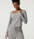 Scoop Neck Long Sleeve Contrast Lace Casual T-Shirt — Fog Gray — view 1