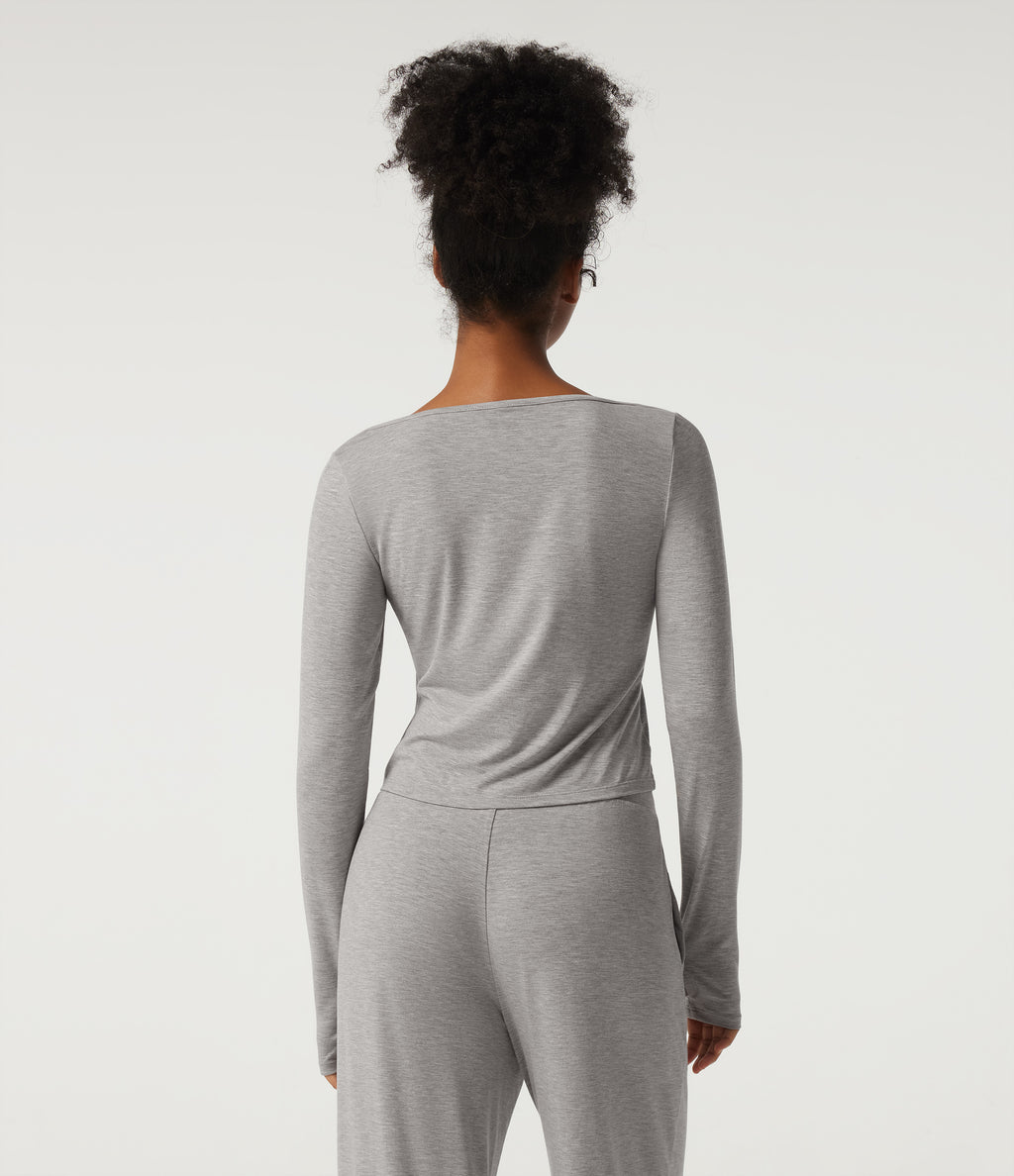 Scoop Neck Long Sleeve Contrast Lace Casual T-Shirt — Fog Gray — view 2