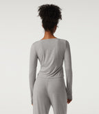 Scoop Neck Long Sleeve Contrast Lace Casual T-Shirt — Fog Gray — view 2