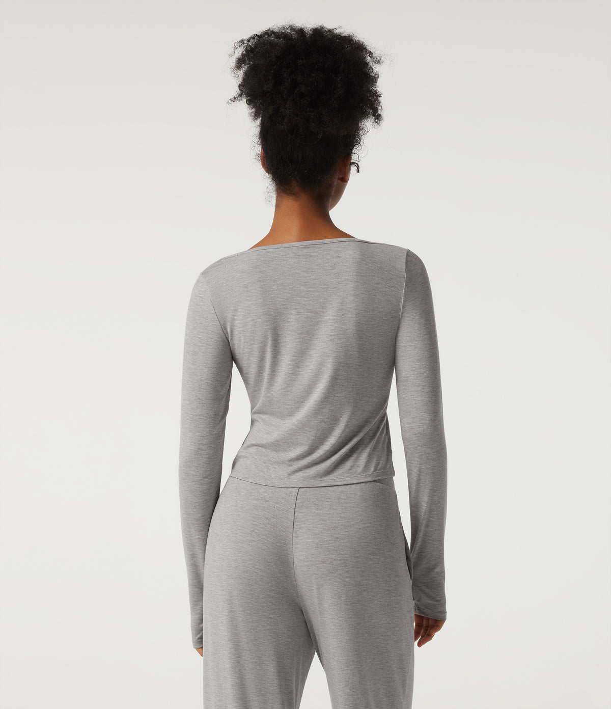 Scoop Neck Long Sleeve Contrast Lace Casual T-Shirt — Fog Gray — view 2