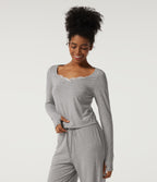 Scoop Neck Long Sleeve Contrast Lace Casual T-Shirt — Fog Gray — view 3