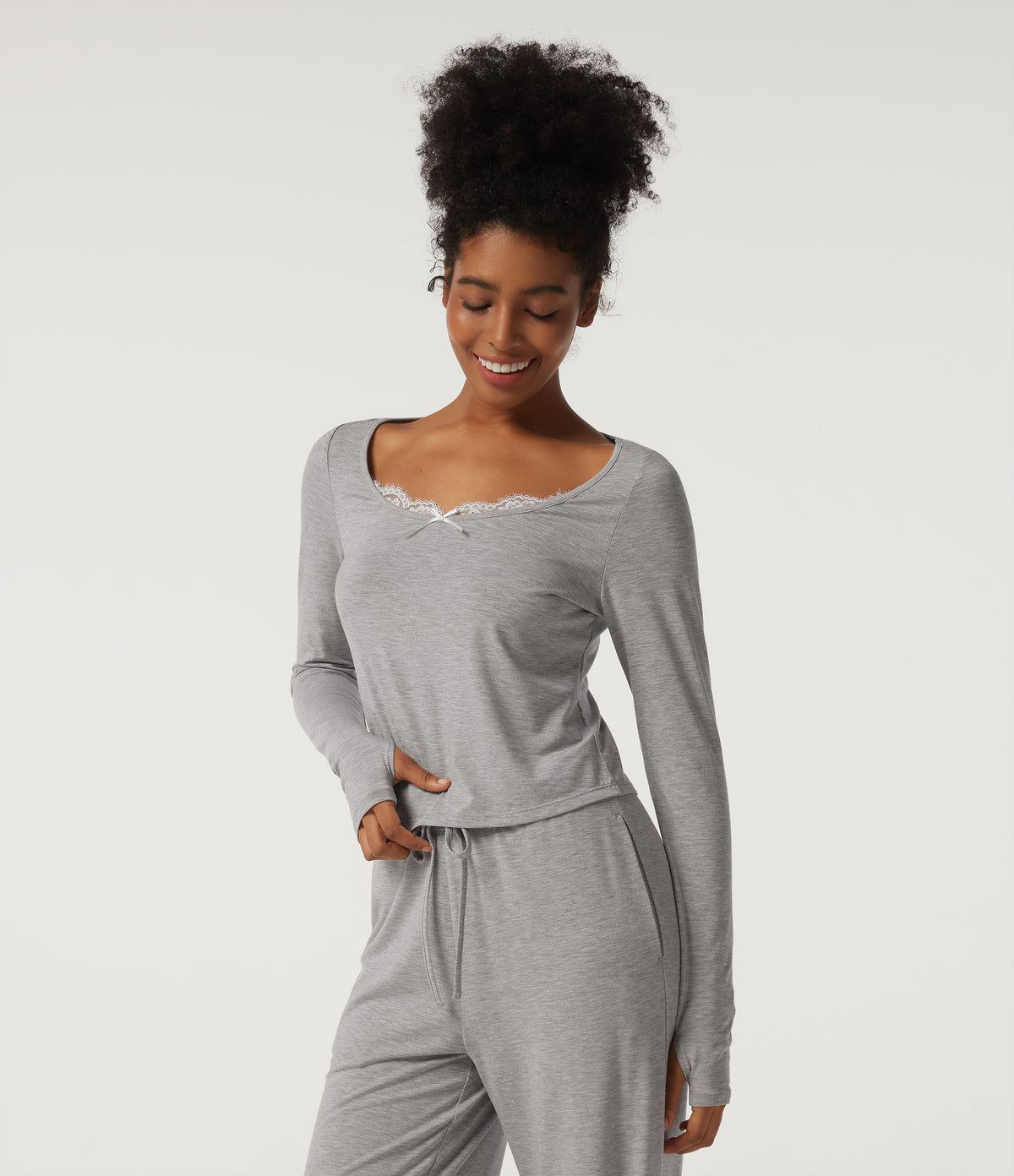 Scoop Neck Long Sleeve Contrast Lace Casual T-Shirt — Fog Gray — view 3