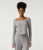 Scoop Neck Long Sleeve Contrast Lace Casual T-Shirt — Fog Gray — view 4